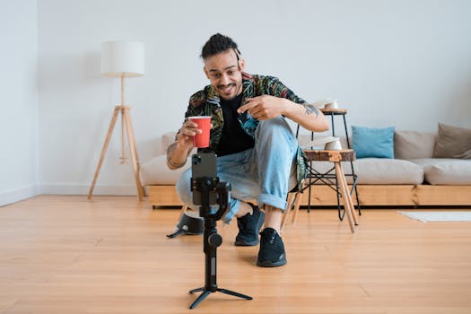 A Man in Printed Shirt and Denim Jeans Facing His Mobile Phone while Holding a Red Cup